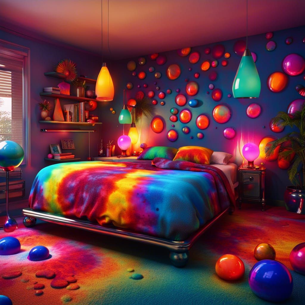 Retro Chrome Lava Lamp in Psychedelic Bedroom