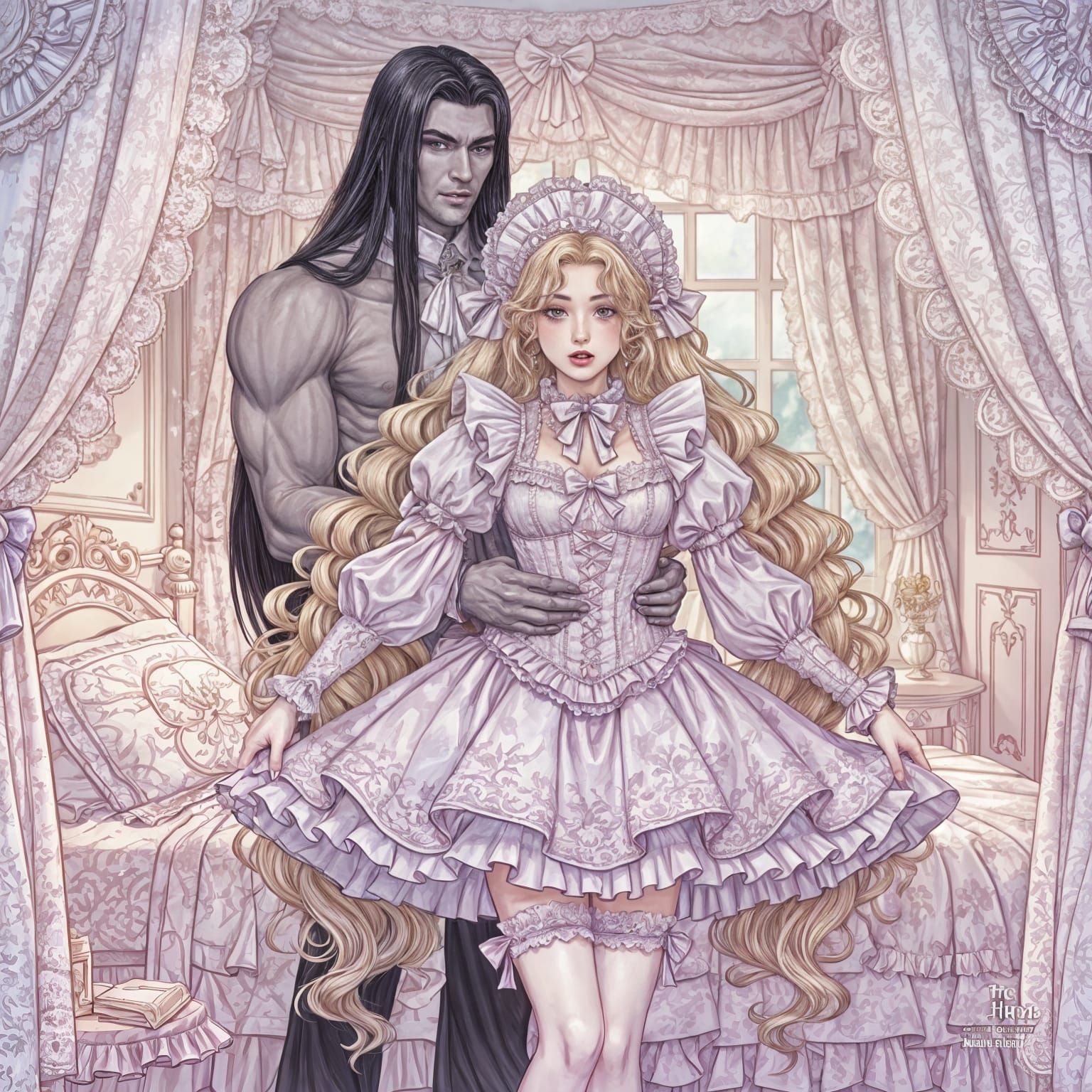 Girly Bedroom Portrait of Prissy Woman and Vampire King