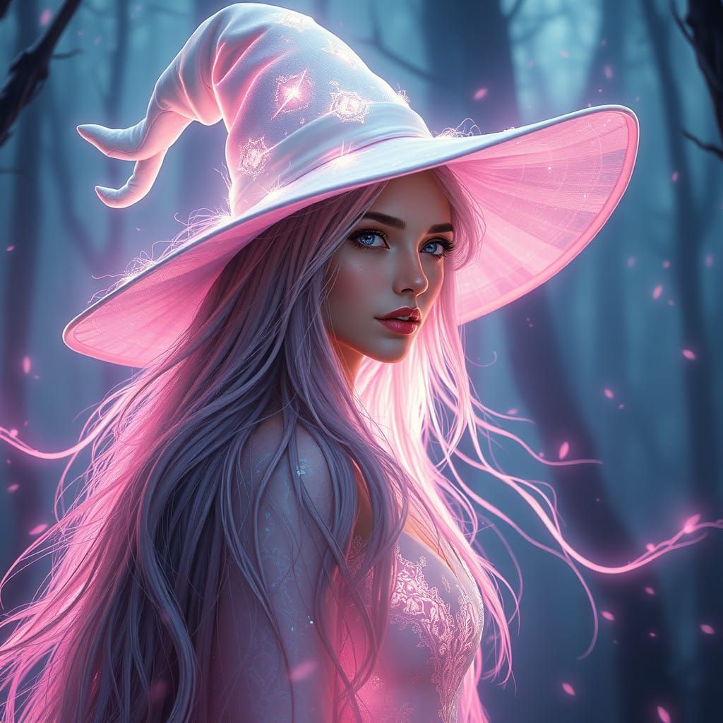 Surreal Witch in Glowing Bioluminescent Forest