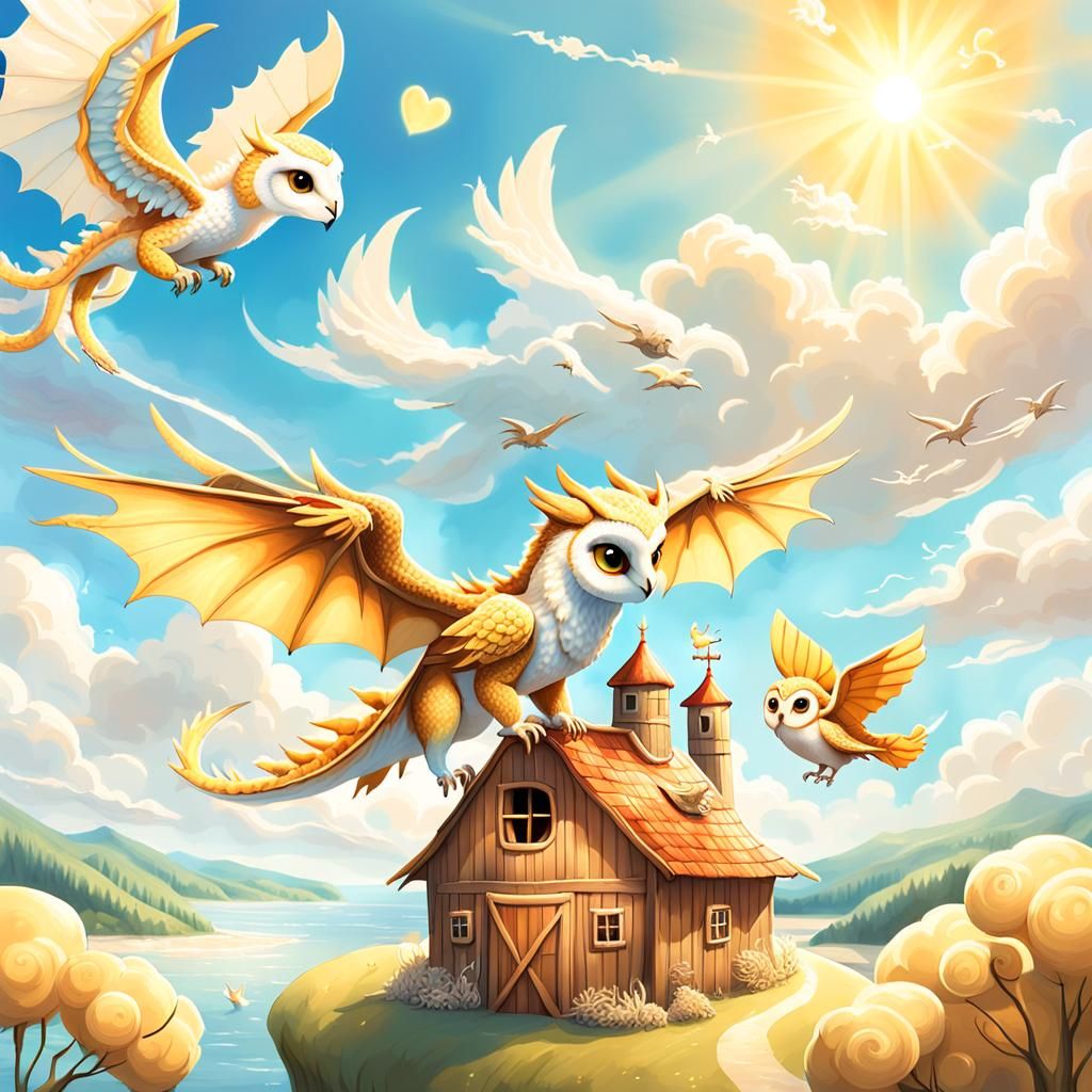 Golden Dragon-Owl Creature Flying in Dreamy Landscape