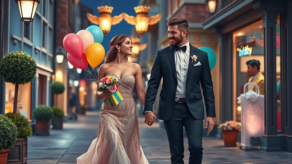 Romantic Couple Strolls Through Charming City at Night