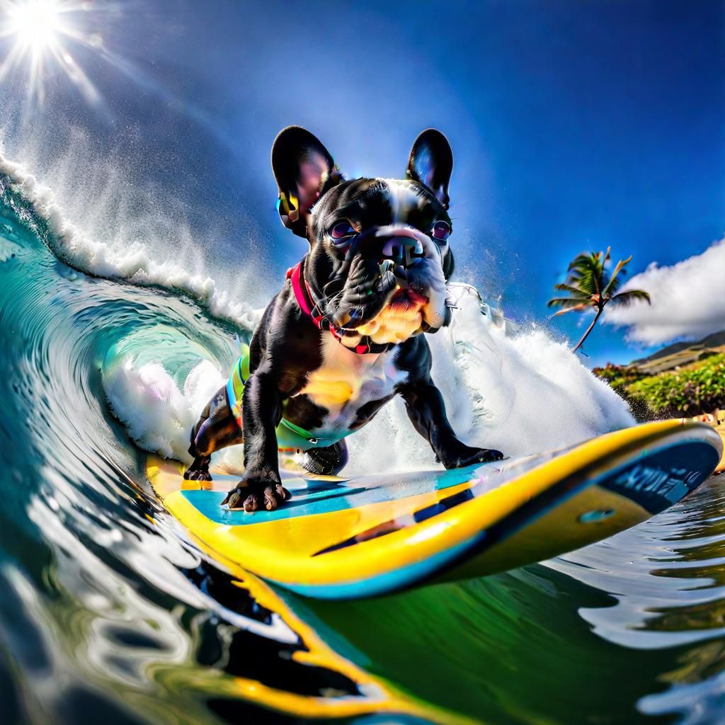 French Bulldog Surfing in Maui: Sports Photography