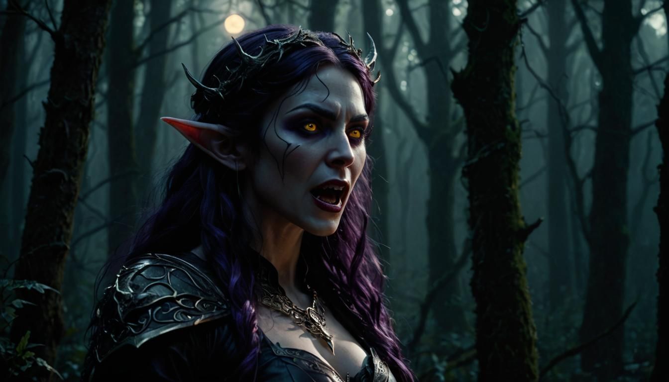 Vampire Elf Screaming in Dark Fantasy Forest