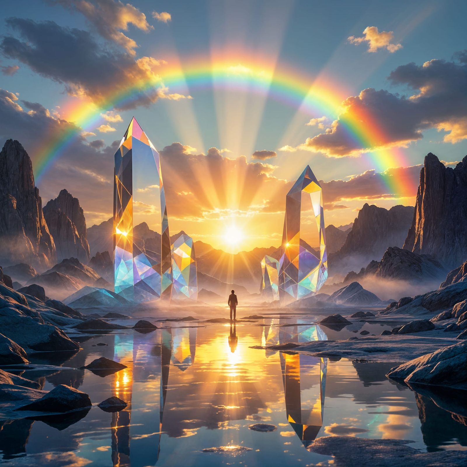 Surreal Crystal Landscape with Rainbow Reflections