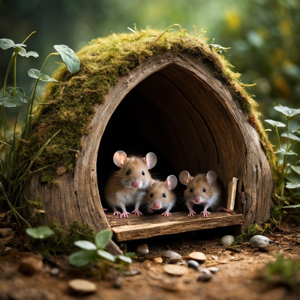 Whimsical Family of Mice in Cozy Burrow
