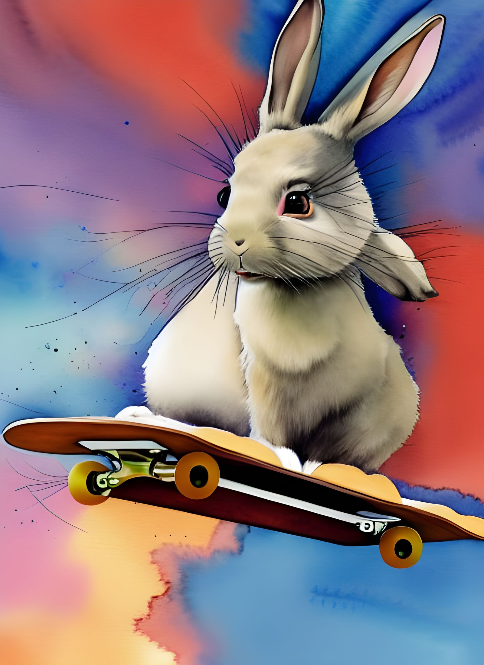 Rabbit Rides Skateboard: Watercolor Digital Illustration