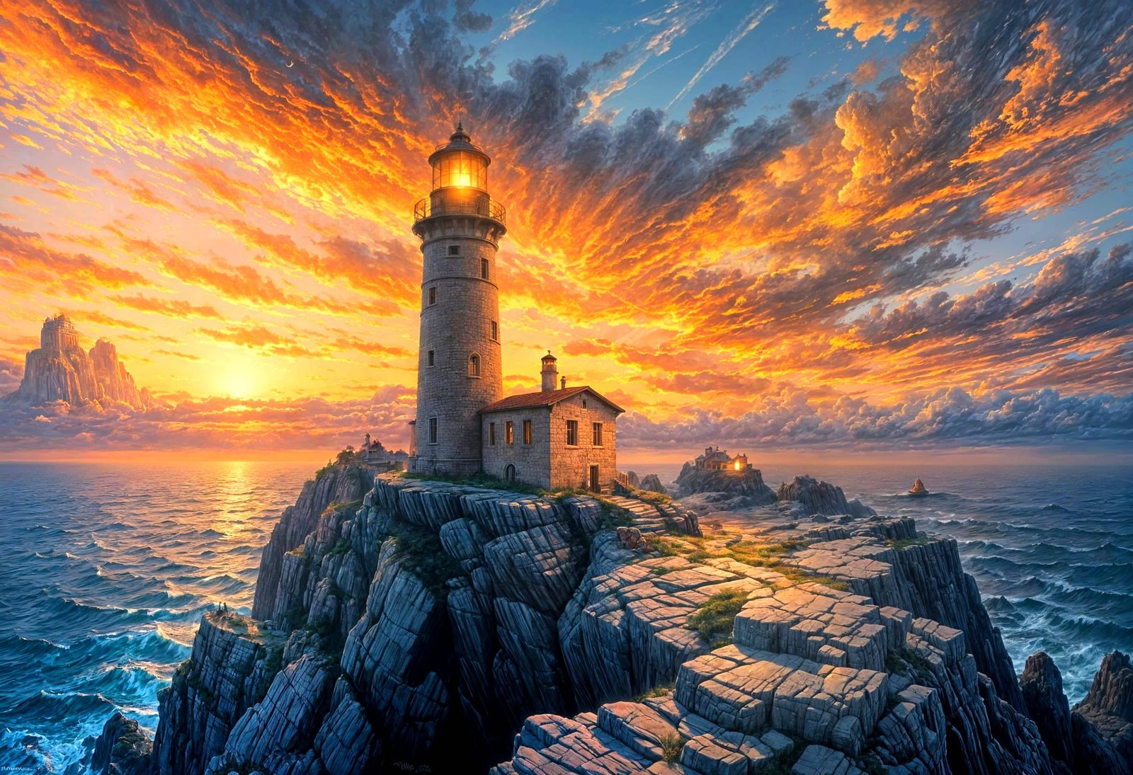 Dramatic Lighthouse Sunset: Oil Painting Fantasy Art