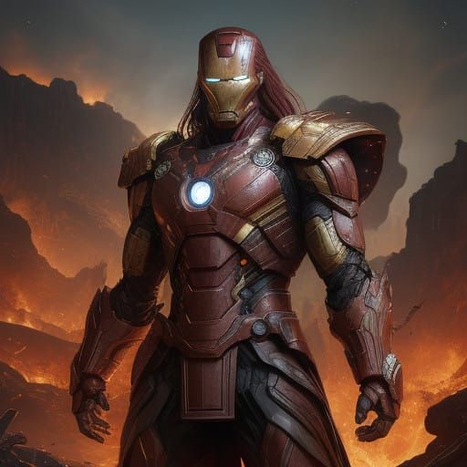 Iron Man in Golden Uru Armor, Heroic Pose Amidst Lava
