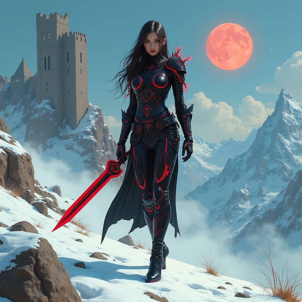 Cyberpunk Cyborg Warrior in 80s Sci-Fi Landscape