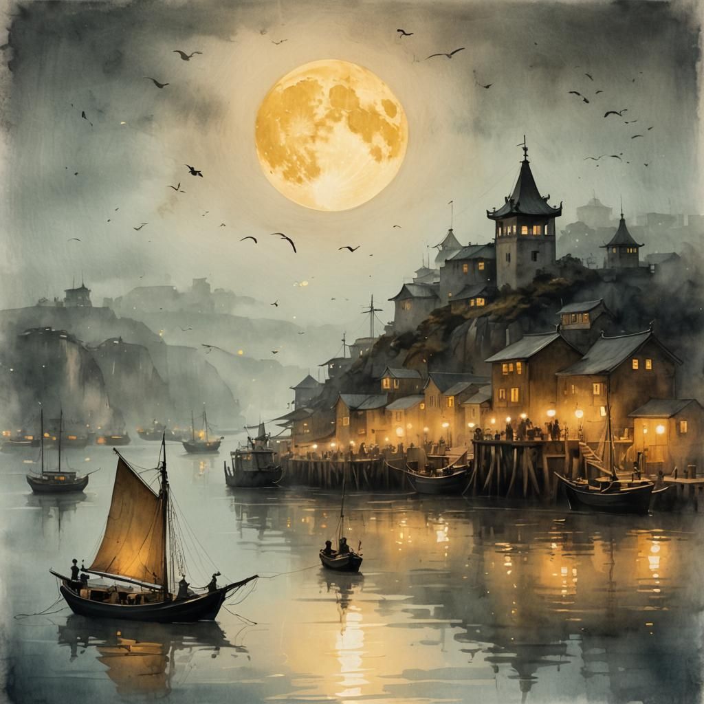 Lantern Fleet Drifting Silently in Misty Harbor