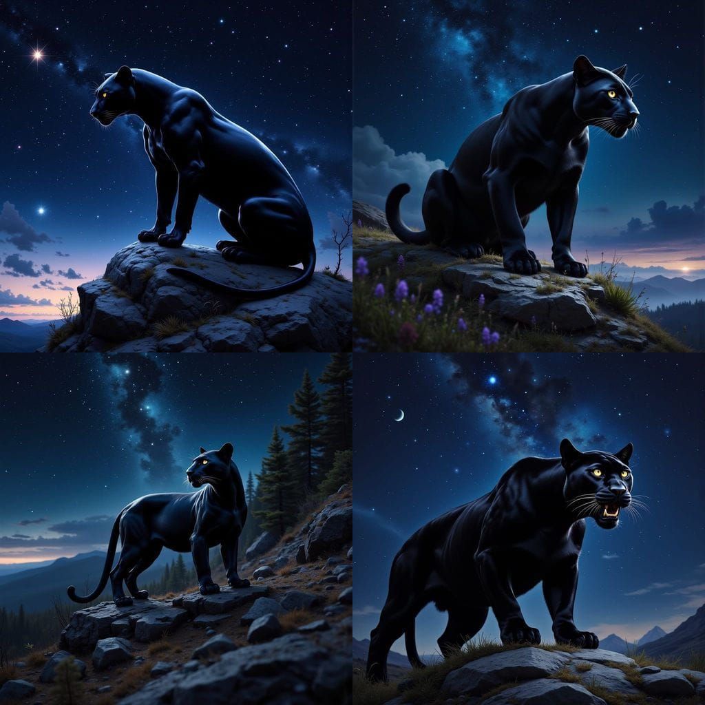 Black Panther Under Starry Night Sky in Cyberpunk Aesthetic