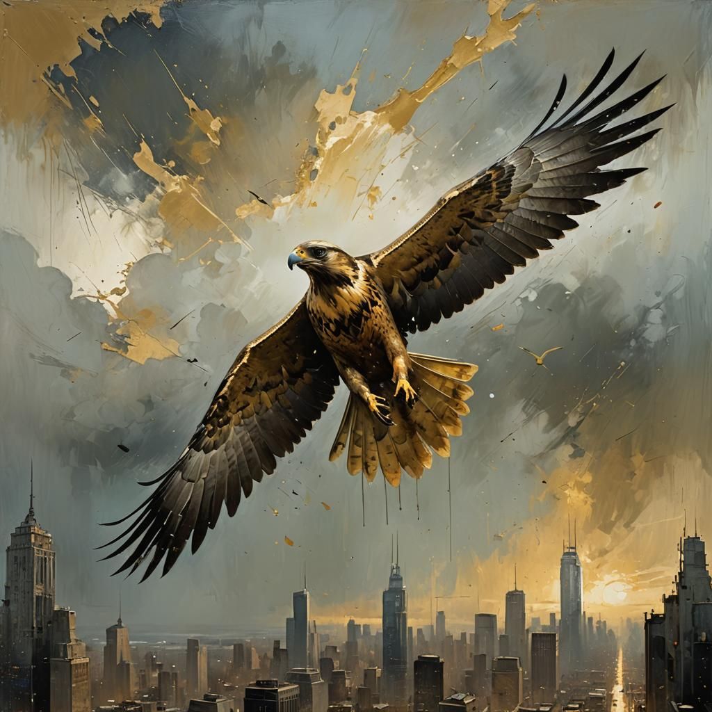 Golden Falcon in Flight: Oil Painting Style