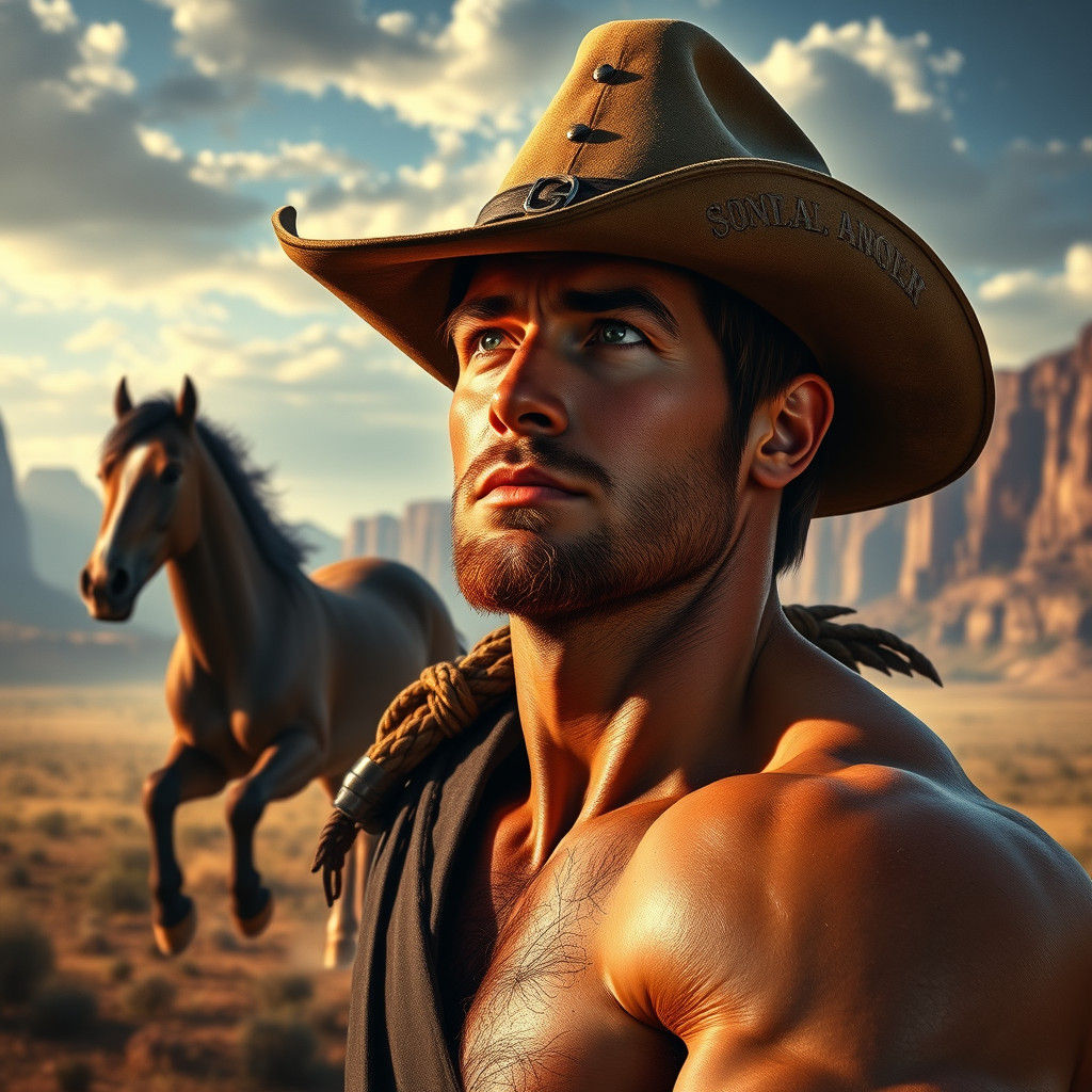 Handsome Cowboy Gazing Skyward, Matte Painting Style