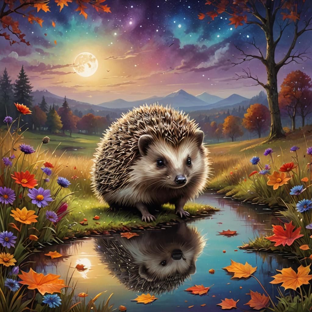 Beautiful cute happy hedgehog autumn landscape, meadow, brow...