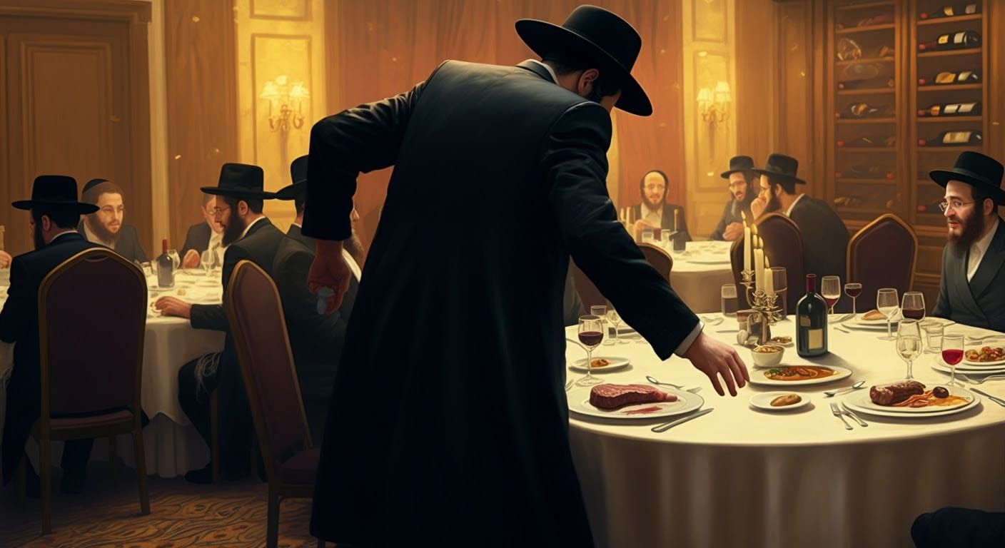 Stealthy Hasidic Man in Elegant Dining Room