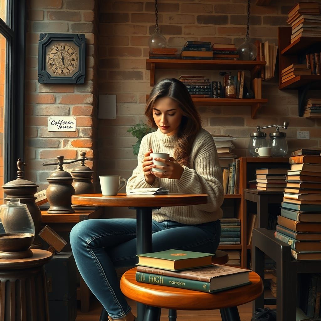 Cozy Coffee Shop Scene with Woman and Vintage Decor