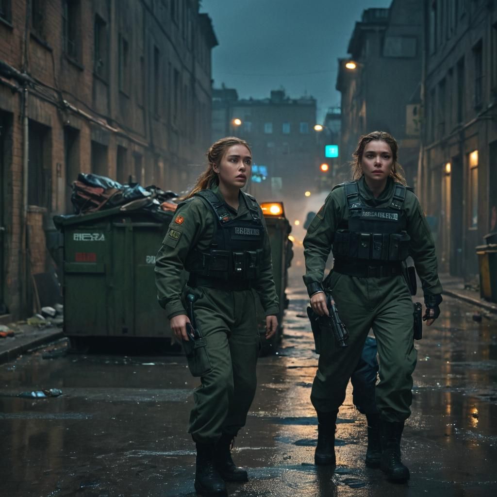 Sci-Fi Action: Women Hiding in Futuristic Cityscape