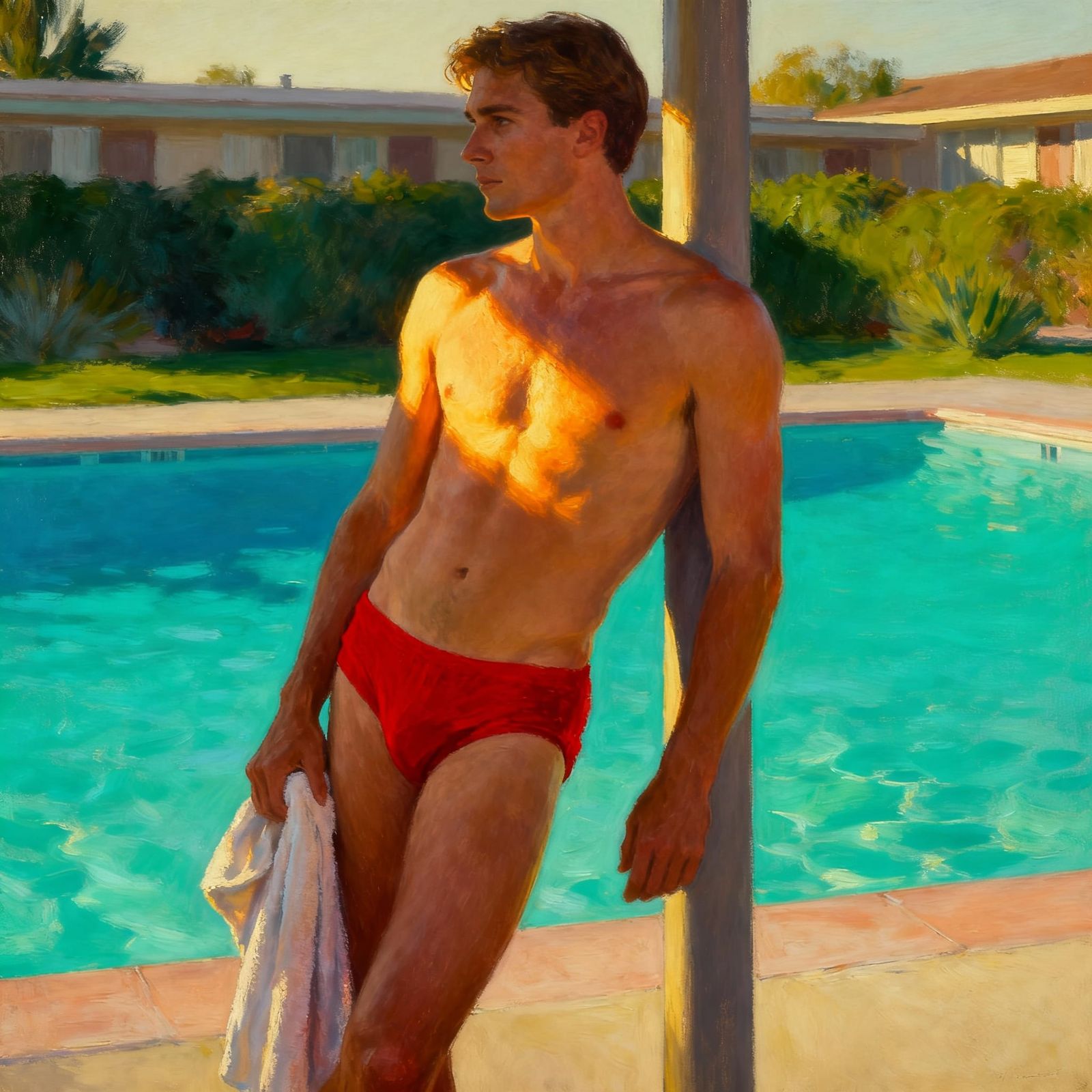 Man in Red Swim Briefs by Poolside in Golden Light