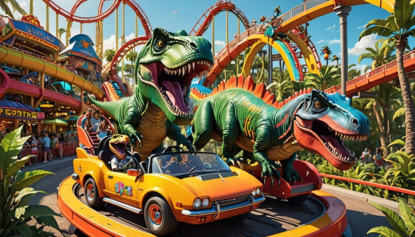 Dinosaurs on Roller Coaster in Whimsical Amusement Park