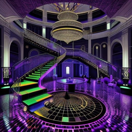 A disco floor designed by M.C. Escher with people dancing on...