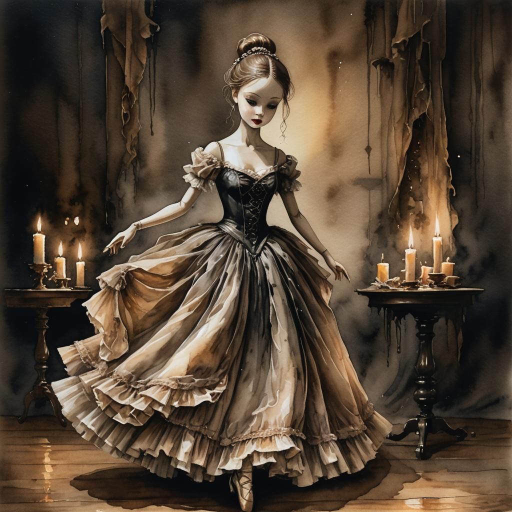 Gothic Ballerina Doll Dances in Candlelight: Watercolour Art
