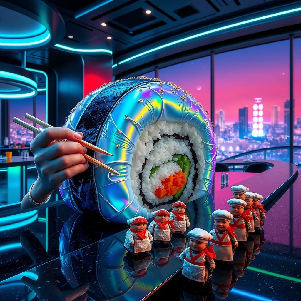 Gigantic Cyberpunk Sushi Roll Devours Miniature Human Sushi