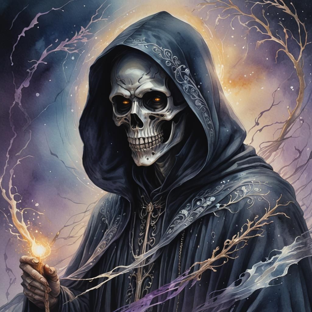 Elegant Grim Reaper Harvesting Soul in Watercolour Style