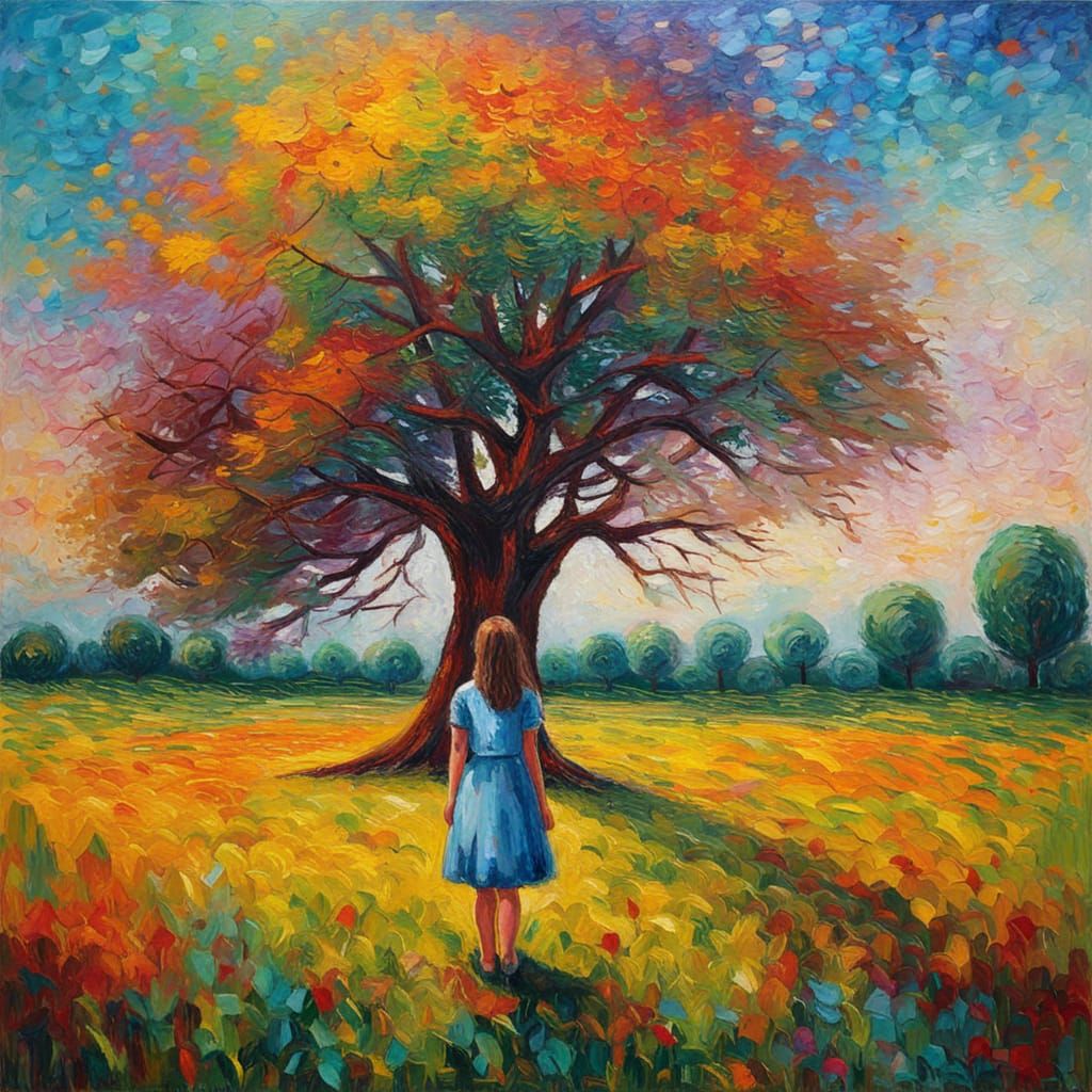 Impressionistic Meadow with Girl Under Tree Painting