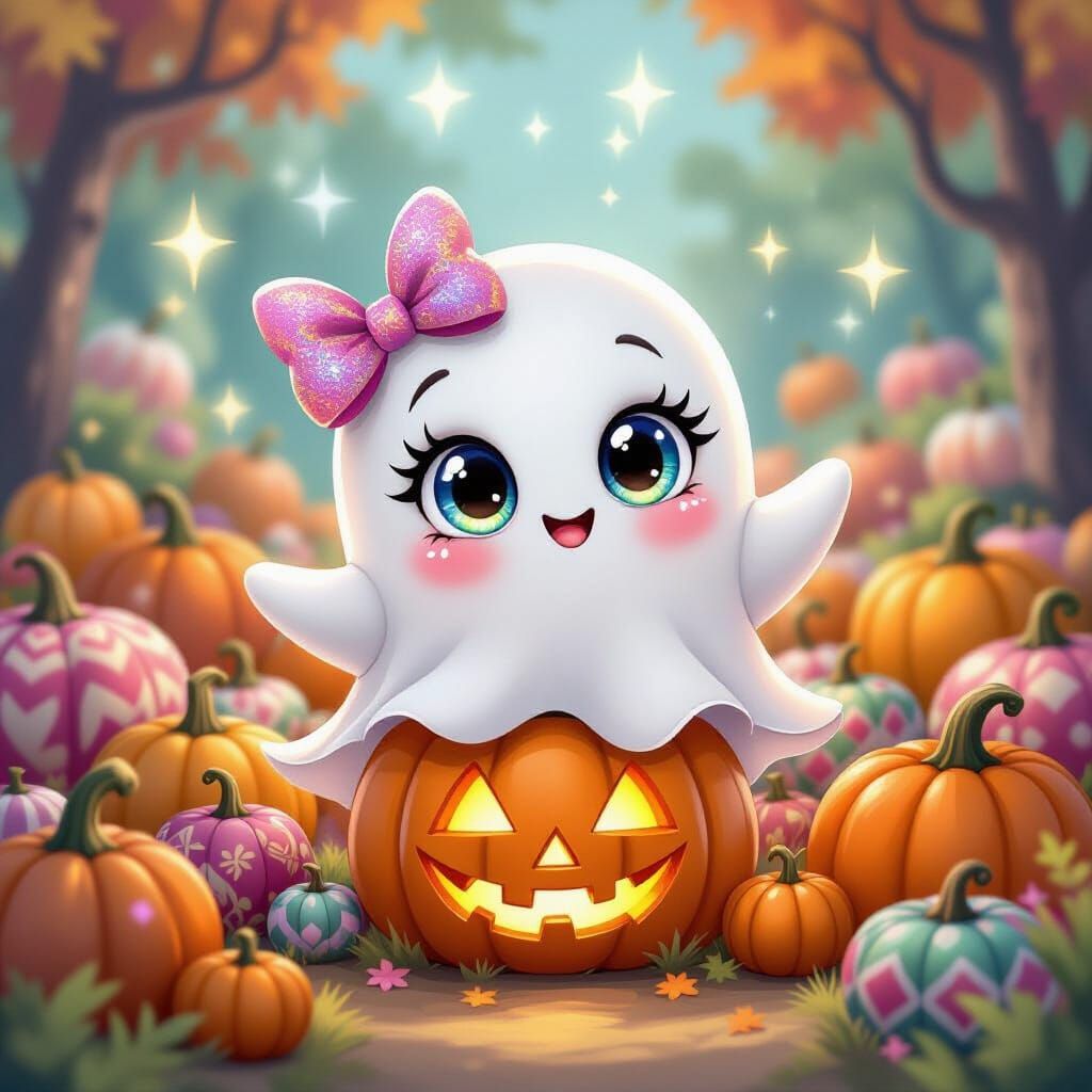 Cute Winking Ghost in Whimsical Pumpkin Patch