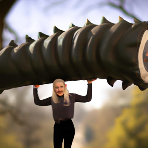 Blonde Woman Carries Giant Monster: Professional Photo