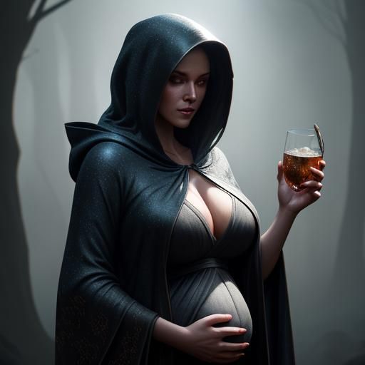 Pregnant Woman Silhouette with Glowing Baby, Alcohol Ink Art