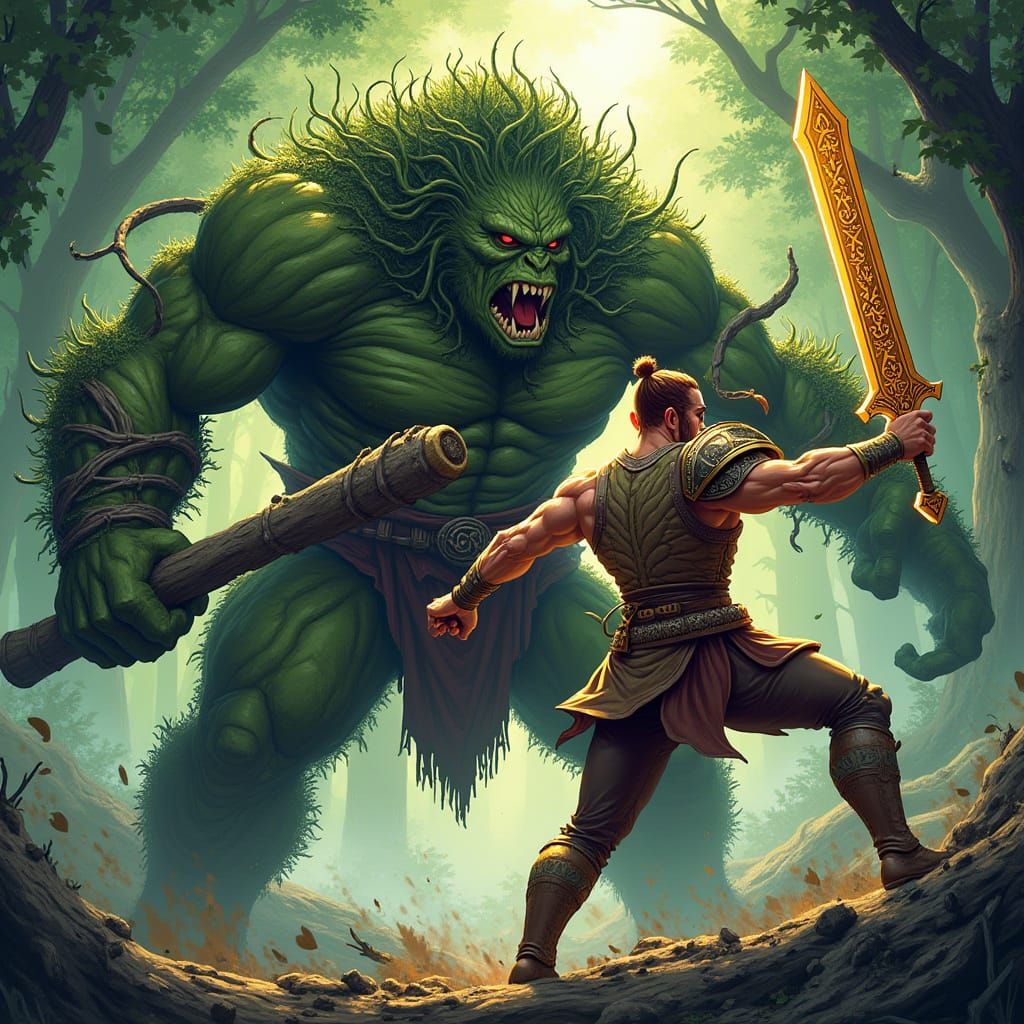 Muscled Forest Warrior Battles Golden Blade Hero in Vibrant ...