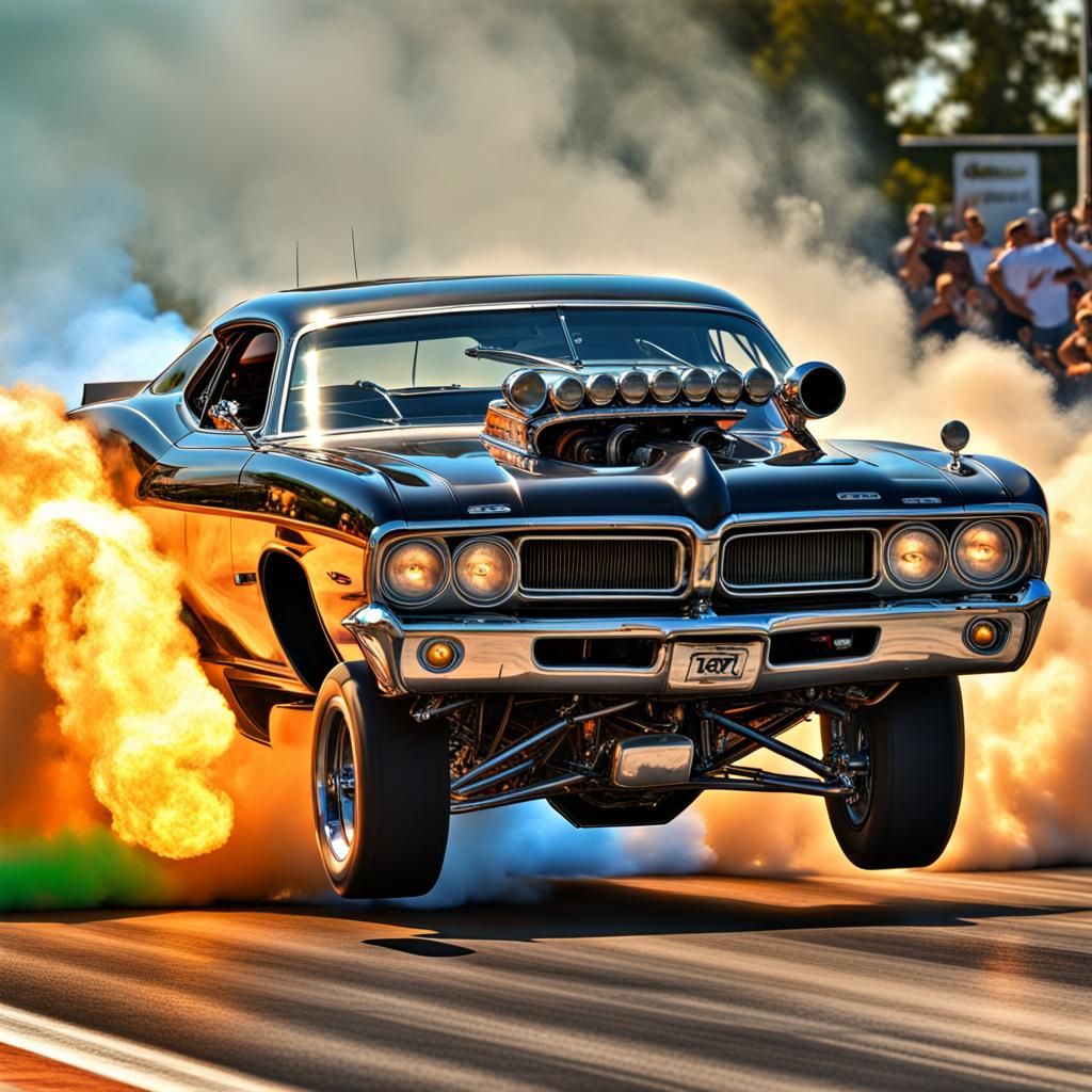 Drag Racing Funny Cars at Green Light in Hyperrealism