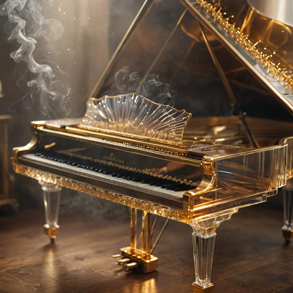 Translucent Crystal Piano with Golden Strings in Digital Art