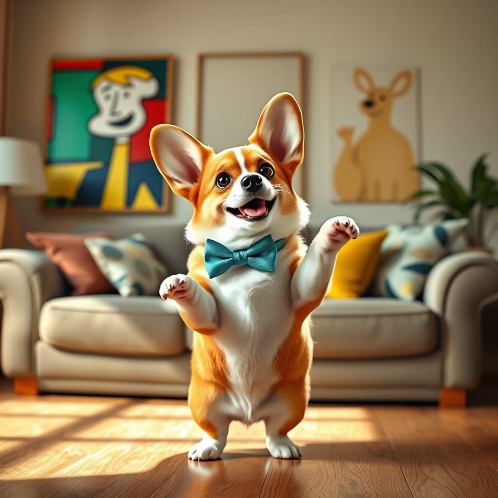 Whimsical Corgi Dances to Macarena in a Vibrant Living Room
