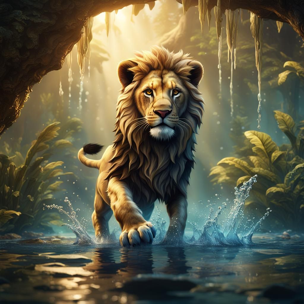 Baby Lion in Water: Detailed Matte Painting