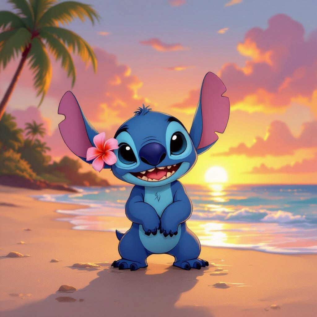 Stitch on Tropical Beach at Sunset in Animation Style