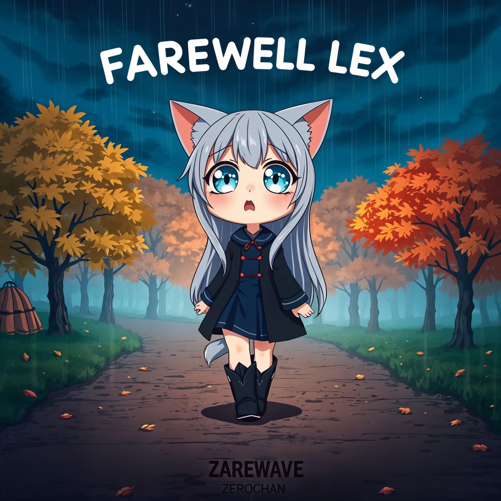 Sad Anime Catgirl in Rainy Autumn Park at Night