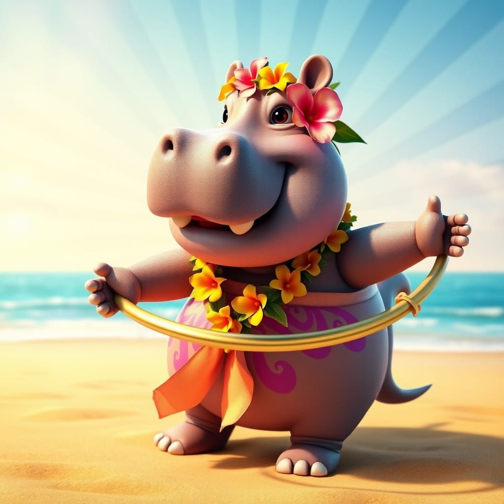 whimsical realistic happy hippo hula hooping.