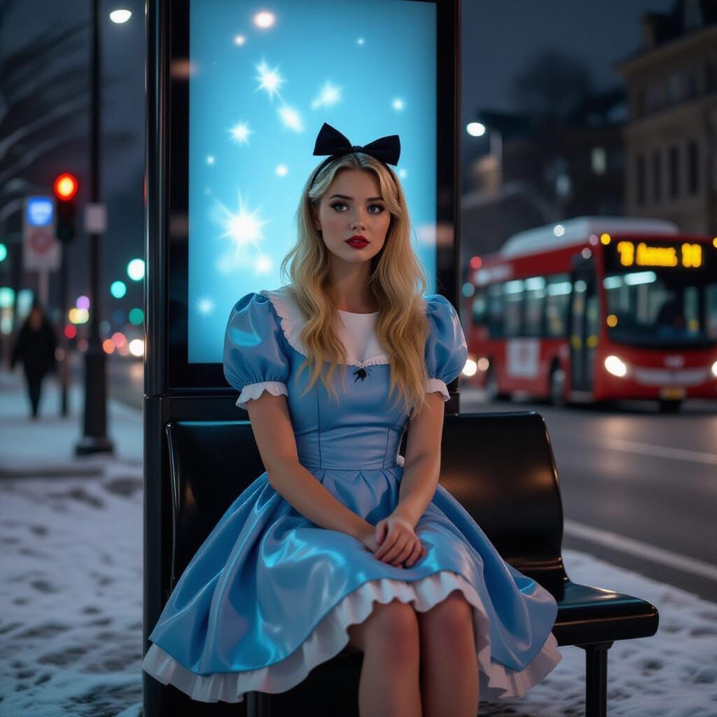 Alice in Wonderland Misses Bus on Cold Night