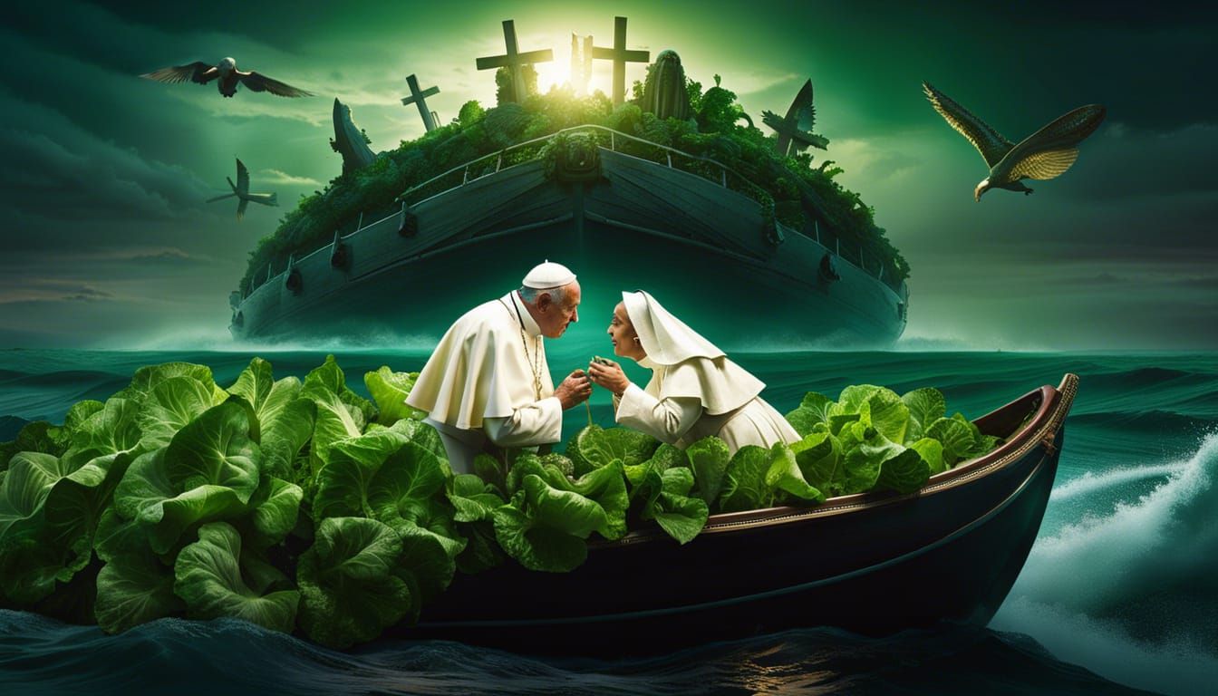 Surreal Scene: Pope, Nun, Lettuce Sky, Sea Monster