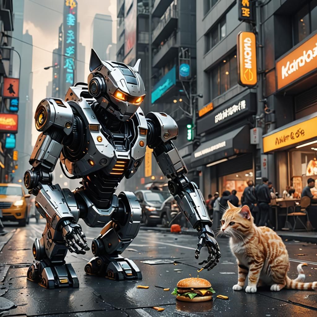 Futuristic Cityscape with Robot and Kitten in Sci-Fi Style