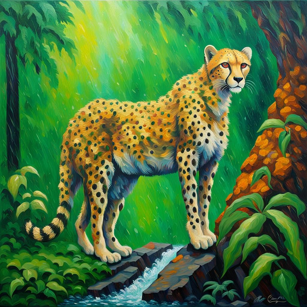Cheetah in Rainy Jungle: Neo-Impressionist Oil Painting