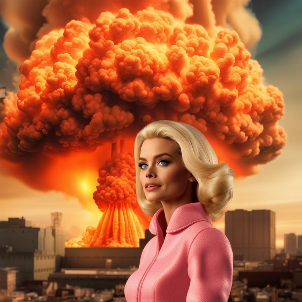 Barbie as Margot Robbie with Nuclear Cloud, Hyperrealistic
