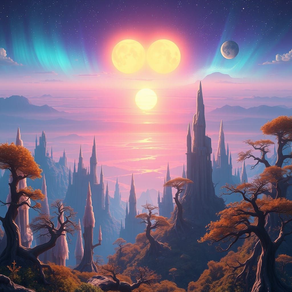 Surreal Dreamscape of Endless Wonder Under Twin Suns