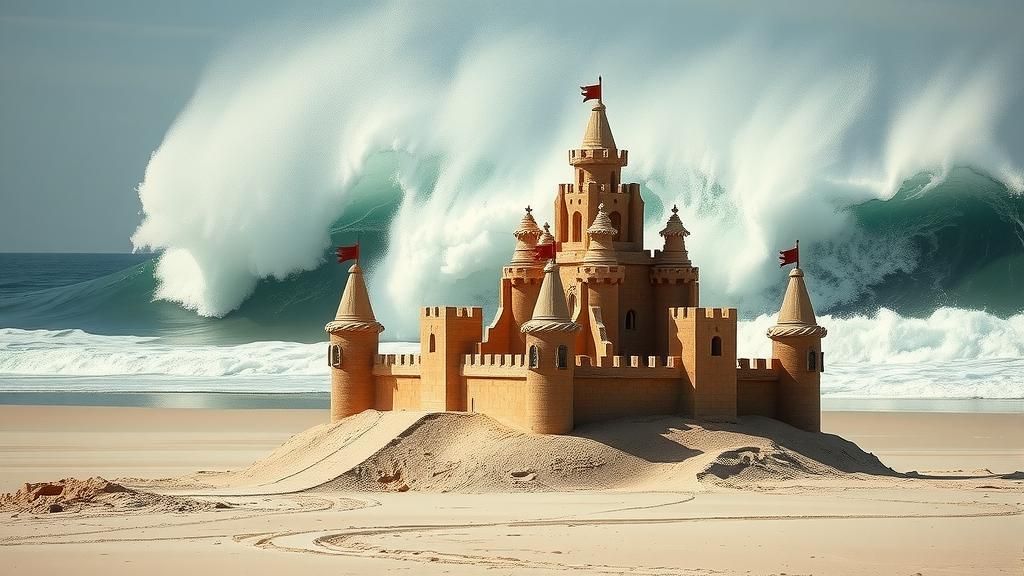 Impending Wave Engulfs Ornate Sandcastle