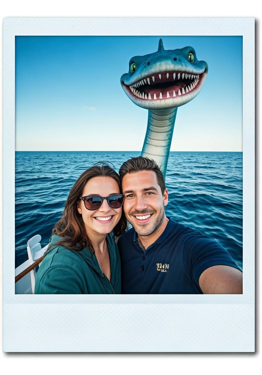 Couple's Cruise Selfie with Smiling Sea Monster