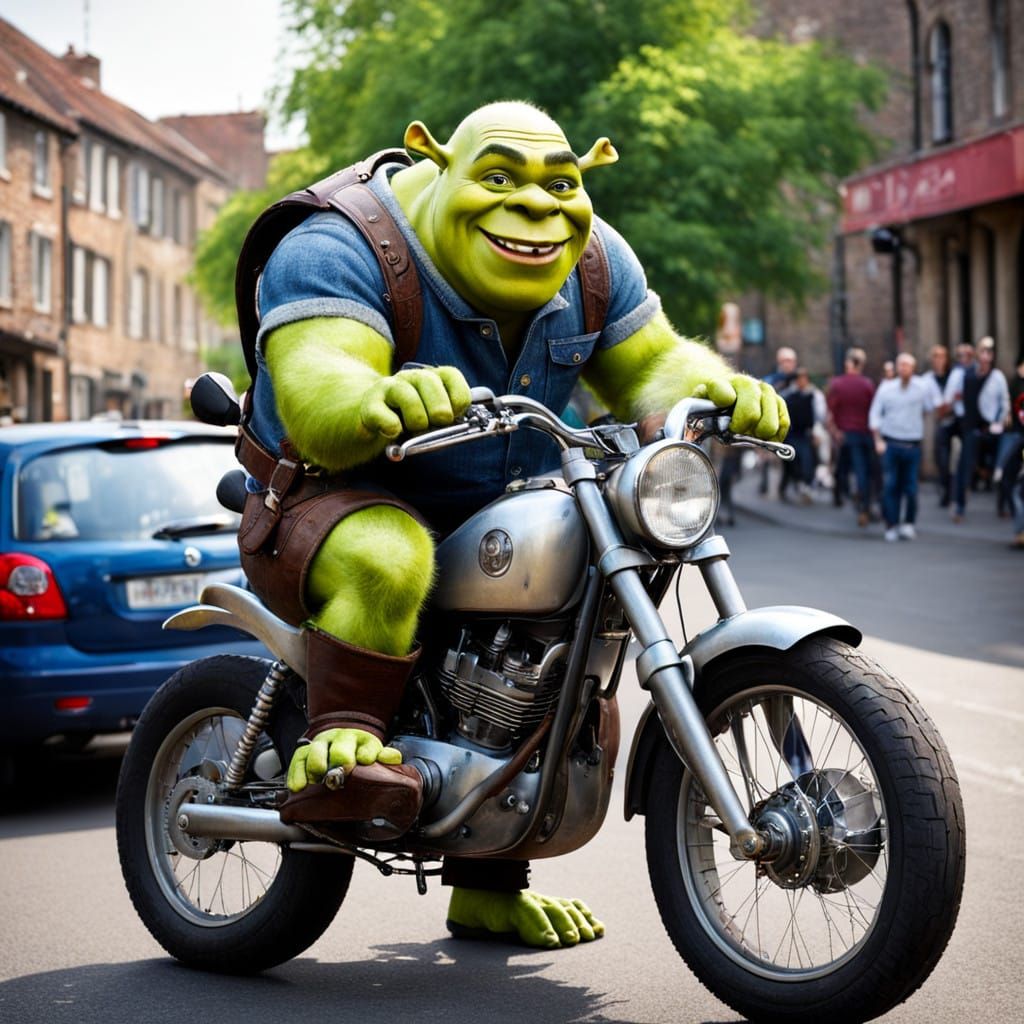 Shrek on a Motor Bike in a Gritty Urban Landscape