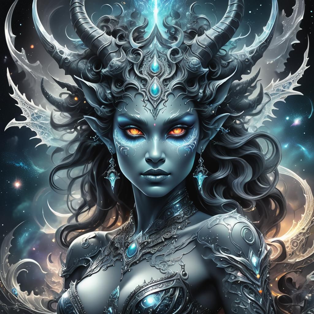 Dark Fantasy Demoness Portrait in Cosmic Style