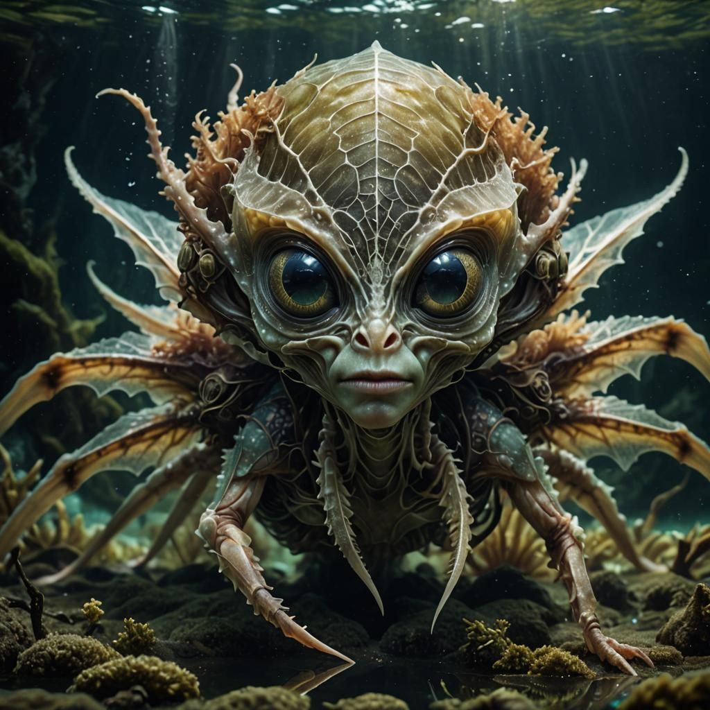 a alien underwater nymph awe inspiring anthropomorphic fit ram horned male albino winged alien creature, big fragile tra...